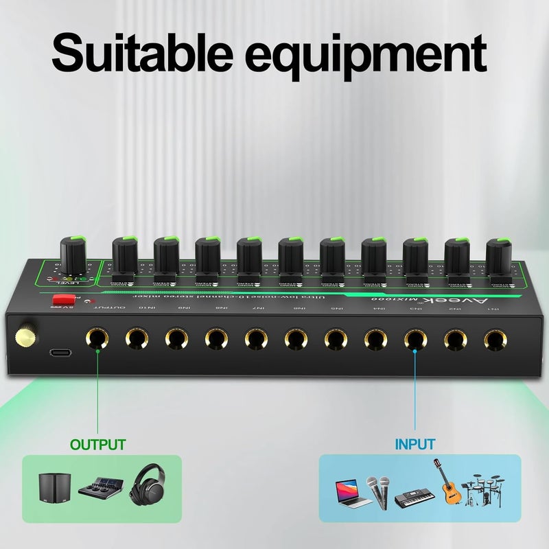 Aveek 10 Channel Mixer - Mini 10 Stereo Audio Mixer, Low-Noise for Precision Sub-Mixing,1/4" TRS Input/Output Ideal for Mics/Guitars/Bass/Stage - 3 x 8.6 x 1.1 inches - Image 4
